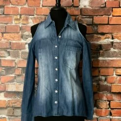 Scandalicious TIFFIANY'S CLOSET Cold-Shoulder Denim Shirt With Rhinestone Buttons