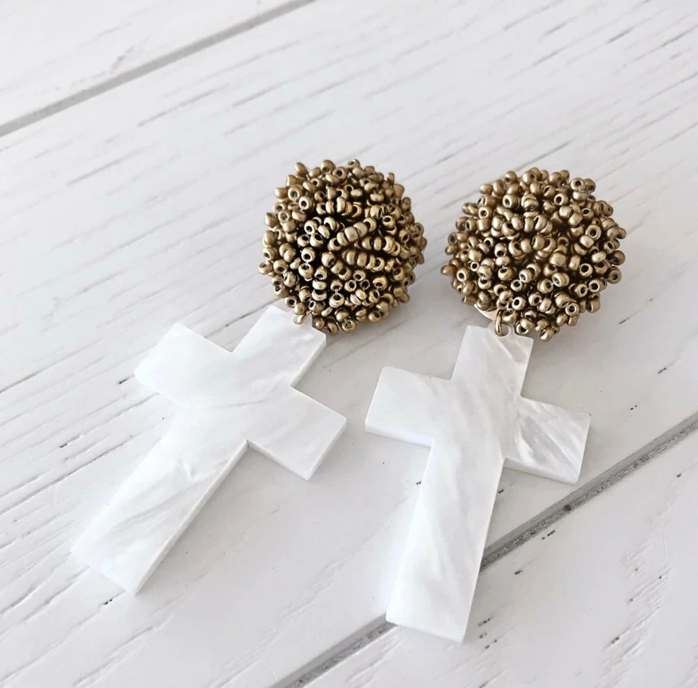 Buy ๐ฏ Brianna Cannon Jewelry Pearl White Acrylic Cross With Gold Beaded Top โญ 3 Brianna Cannon Jewelry Pearl White Acrylic Cross With Gold Beaded Top