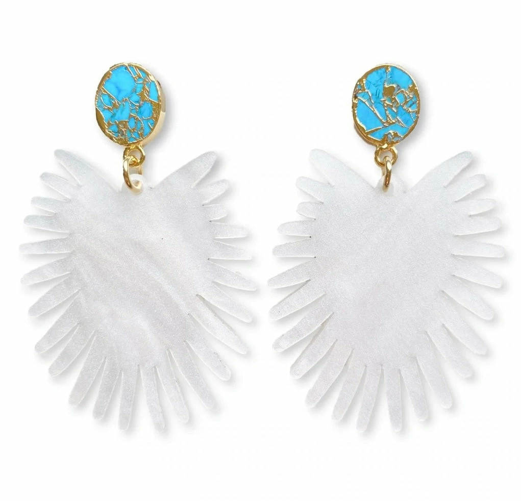 New 🤩 Brianna Cannon Spray Palm Earrings - White Pearl Acrylic W/gold Plated Turquoise 🛒 3 Brianna Cannon Spray Palm Earrings - White Pearl Acrylic W/gold Plated Turquoise