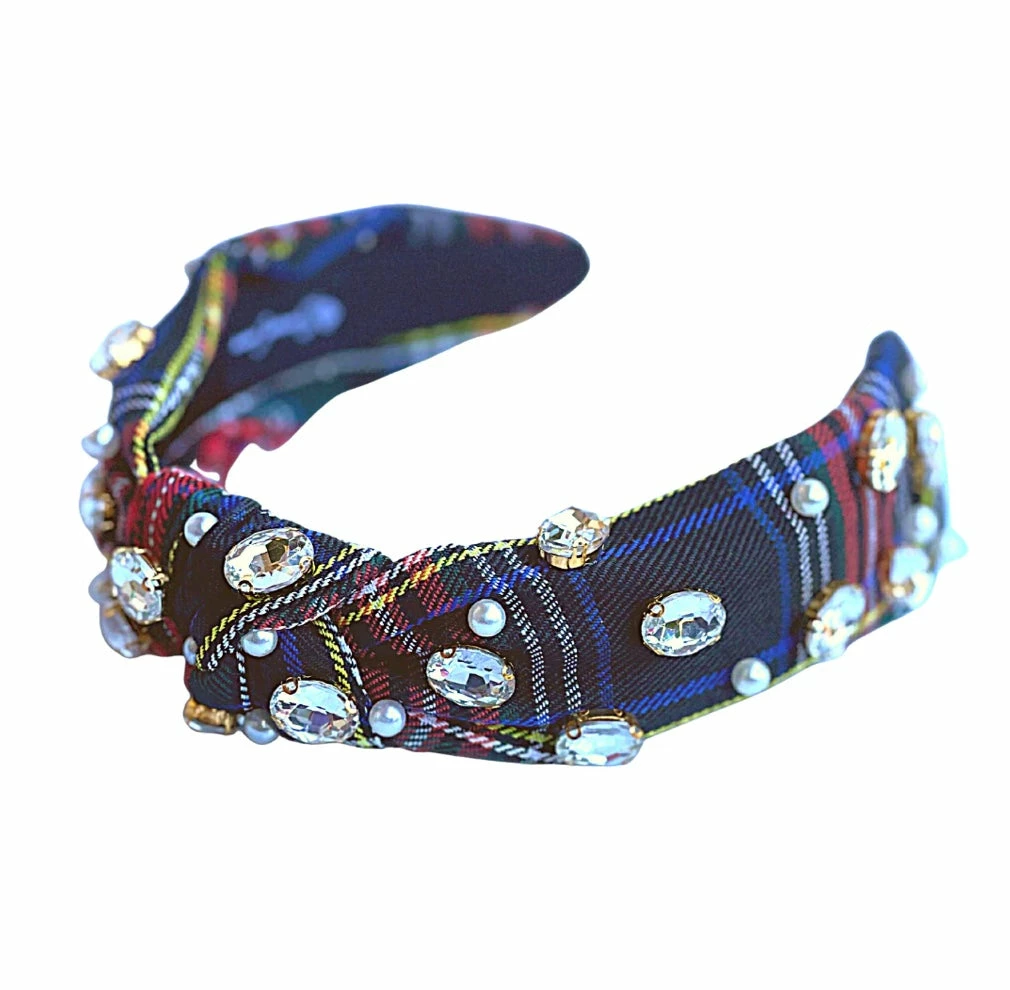 Budget ❤️ Brianna Cannon Hats/Headbands/Scarves/Gloves Navy Tartan Headband With Crystals And Pearls ✔️ 4 Brianna Cannon Hats/Headbands/Scarves/Gloves Navy Tartan Headband With Crystals And Pearls