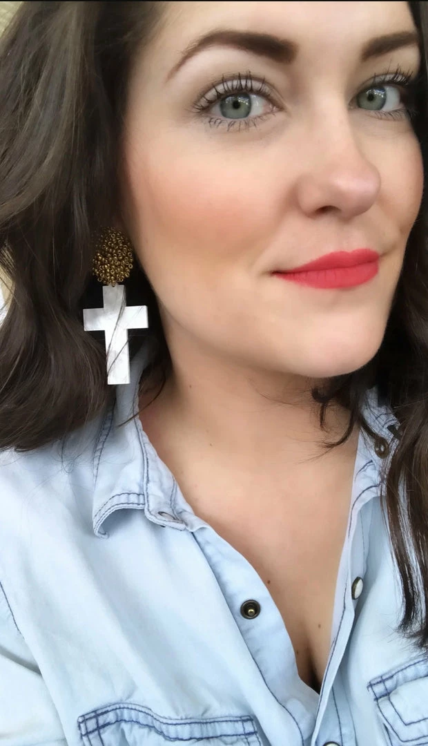 Buy ๐ฏ Brianna Cannon Jewelry Pearl White Acrylic Cross With Gold Beaded Top โญ 4 Brianna Cannon Jewelry Pearl White Acrylic Cross With Gold Beaded Top