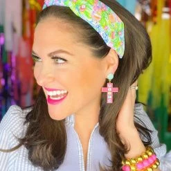 Brianna Cannon Bright Floral Headband With Large Pink Iridescent Crystals New Arrivals