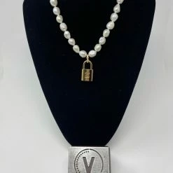 Vintage To Vogue Designs Real Vintage Brass LV Lock On Boroque Pearl Necklace