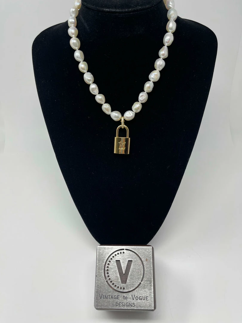 Cheapest π Vintage To Vogue Designs Real Vintage Brass LV Lock On Boroque Pearl Necklace π 3 Vintage To Vogue Designs Real Vintage Brass LV Lock On Boroque Pearl Necklace